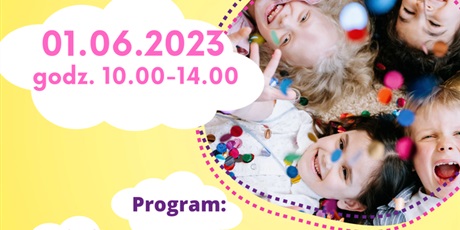 Powiększ grafikę: Plakat informacyjny Dzień Dziecka: dzieci na kolorowym tle. Na plakacie program imprezy.