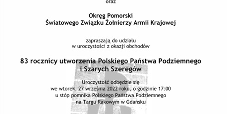 Powiększ grafikę: Zaproszenie od Prezydent Gdańska  do udziału w uroczystości z okazji obchodów 83 rocznicy utworzenia Polskiego Państwa Podziemnego i Szarych Szeregów