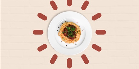 Powiększ grafikę: Grafika: talerz z obiadem i napis- obiady