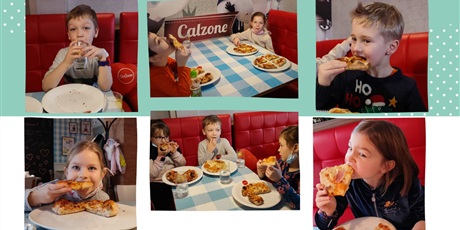 Powiększ grafikę: Kolaż zdjęć. Dzieci jedzą pizzę.