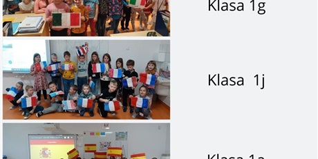 Powiększ grafikę: Uczniowie klas 1g, 1j, 1a trzymają flagi