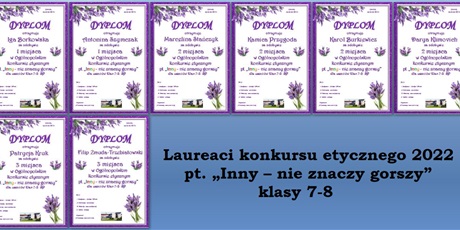 Powiększ grafikę: d-7-8 – Dyplomy Laureatów III Ogólnopolskiego konkursu etycznego pt. „Inny – nie znaczy gorszy” dla klas 7-8.