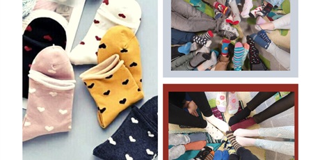 Powiększ grafikę: Kolaż zdjęć: kolorowe skarpetki, dziecięce stopy w kolorowych skarpetkach