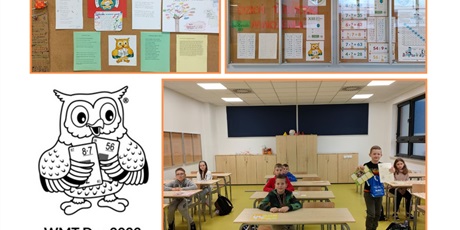 Powiększ grafikę: Kolaż zdjęć. Tablice z dekoracjami i uczniowie w ławkach
